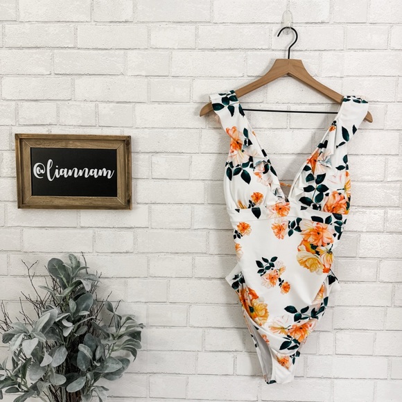 Cupshe Other - CUPSHE White Flowered Ruffle High Cut V-Neck Crossover Back One Pie Swimsuit